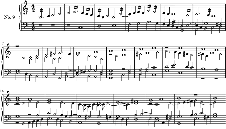 
\version "2.14.2"
\header {
  tagline = ##f
}

Morg   = { \tag #'print { g2.:16 } \tag #'midi { gis16 a gis8~ gis2 } }
More   = { \tag #'print { e2.:16 } \tag #'midi { e16 d e8~ e2 } }

MorcB   = { \tag #'print { c2:16~ } \tag #'midi { c16 b c8~ c4~ } }
MorfB   = { \tag #'print { f2:16 } \tag #'midi { f16 e f8~ f4 } }
MoreB   = { \tag #'print { e2:16 } \tag #'midi { e16 d e8~ e4 } }
MorbB   = { \tag #'print { b2:16 } \tag #'midi { b16 a b8~ b4 } }

Morcq   = { \tag #'print { c4:16 } \tag #'midi { c32 b c16~ c8 } }
Mordq   = { \tag #'print { d4:16 } \tag #'midi { d32 c d16~ d8 } }
Moreq   = { \tag #'print { e4:16 } \tag #'midi { e32 d e16~ e8 } }
Moraq   = { \tag #'print { a4:16 } \tag #'midi { a32 g a16~ a8 } }
Morbq   = { \tag #'print { b4:16 } \tag #'midi { b32 a b16~ b8 } }

upper = \relative c' {
  \clef treble 
  \key a \minor
  \time 4/2
  \autoBeamOff
  \tempo 2 = 82
  \set Staff.midiInstrument = #"church organ"

    \Morg a4 b2 c | d \More d4 \Morcq b4 | \Moraq g4 a2 g \MorcB | c4 d \Moreq d4 \MorfB \MoreB |
    d4 c c1 \MorbB | c2. \Morbq a1 |  
    << { r2 b2 c d | e fis g2. fis4 } \\ { s1 a,2 b | c a b } >>
    << { g'1 a b c d e } \\ { e,2 d c a r2 d2 e1 fis2 g1 a2 } >>
    % ms 12
    << { r1  e'1 d c < b g >1 a g } \\ { b2. a4 g fis e2 fis4 d g1 fis2 r2 d2 f e e1 e2. d4 } >>
    << { s1 d1 e fis g a b r1 b } \\ { c,4. b8 a4 c b4. c8 d2~ d cis d1 r2 c1 d2~ d e4 fis g2 e~ e } >>
}

lower = \relative c {
  \clef bass
  \key a \minor
  \time 4/2
  \set Staff.midiInstrument = #"church organ"

    r1 r1 | r1 c1 | d e | f2 g a2. g4 |
    << { f4 e \Mordq c4 d2 e~ | e4 c g'1 fis2 } \\ { s1 g, | a2 b c d } >> 
    << { g1 } \\ { e2. d4 c2 b } >> 
    << { a2 d g, e'2~ } \\ { s2*3 c2~ } >> 
    << { e4 fis g2~ g fis } \\ { c2 b a d } >>
    << { s1 r2 g2 a b c1 } \\ { < g d g, >1  c,2 e d g c,1} >>
    << { d'2 e2. d4 c2 b1 a } \\ { g1 e r1 r1 } >>
    % ms 14
    << { g1 r2 a2 } \\ { r2 g,2 a4 b c d } >>
    << { c'2 b a4 g g2~ g fis g2. f4 } \\ { e2. d4 c2 b a1 g } >>
    % ms 17
    << { g'1 a2 b~ b e,1 fis2 g2. a4 b2 c b1 } \\ { e,4 d e2 d1 e2 c2. a4 d2 g,1 e'2. fis4 g1 } >>

}

thePianoStaff = \new PianoStaff <<
    \set PianoStaff.instrumentName = #"No. 9"
    \new Staff = "upper" \upper
    \new Staff = "lower" \lower
  >>
\score {
  \keepWithTag #'print \thePianoStaff
  \layout {
    \context {
      \Score
      \remove "Metronome_mark_engraver"
      \override SpacingSpanner.common-shortest-duration = #(ly:make-moment 1/2) 
    }
  }
}

\score {
  \keepWithTag #'midi \thePianoStaff
  \midi { }
}
