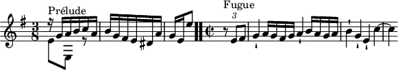 
\version "2.18.2"
\header {
  tagline = ##f
}

\score {
  \new Staff \with {

  }
<<
  \relative c'' {
    \key e \minor
    \time 3/8
    \override TupletBracket.bracket-visibility = ##f

     %% INCIPIT CBT II-10, BWV 879, mi mineur
     << { r16^\markup{Prélude} g a b c a b g fis e dis a' | \once \override Staff.TimeSignature #'stencil = ##f \time 2/8 g16[ e e'8] } \\ { e,8 e, r8 } >> \bar ".." 
     \time 2/2 \partial 4
     s4*0^\markup{Fugue} \tuplet 3/2 { r8 e' fis } g4-! a16 g fis g a4-! b16 a g a b4-! g-! e-! c'4~ c
  }
>>
  \layout {
     \context { \Score \remove "Metronome_mark_engraver" \override SpacingSpanner.common-shortest-duration =
        #(ly:make-moment 1/2) }
  }
  \midi {}
}
