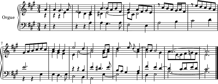 \version "2.18.2"
\header {
tagline = ##f
}
upper = \relative c'' {
\clef treble
\key a \major
\time 3/4
\tempo 4 = 72
%% PRÉLUDE en la majeur
<< { \partial 4 a4 a gis4. a8 fis2 e4 | b'4~ b8 a b fis | a4 a8 fis gis e | r8 cis'8 b a gis16 a fis8 | r8 e'8 d cis b a gis a b cis d cis } \\ { r4 r4 r 4 e,4 | e d cis dis e2~ | e8 cis d2 } >>
<< { cis'4 b b e2 d4 cis2 b8 cis | d4. e8 \grace d8_( cis4~) | cis8 b b2 a2.~ a } \\ { a4 gis fis e a2~ a gis8 a b2 a4 a2 gis4 a8 e~ e fis g fis e2. \bar "|." } >>
}
lower = \relative c' {
\clef bass
\key a \major
\time 3/4
r4 r4*3 r4 r4 a4 a gis4. a8 fis2 e4 a2 b4 cis2 d4
%% ms. 7
<< { e2. | s2. | r4 r4 b4 e dis4. e8 b a gis4 a fis' e d~ | d cis8 d e d cis2. } \\ { r4 r4 e,4 e d4. e8 cis2 b4 a2 e'4~ | e2 fis4 d e2 a2.~ a } >>
}
\score {
\new PianoStaff <<
\set PianoStaff.instrumentName = #"Orgue"
\new Staff = "upper" \upper
\new Staff = "lower" \lower
>>
\layout {
\context {
\Score
\remove "Metronome_mark_engraver"
\override SpacingSpanner.common-shortest-duration = #(ly:make-moment 1/2)
}
}
\midi { \set Staff.midiInstrument = #"church organ" }
}