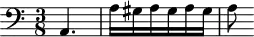 
\version "2.18.2"
\header {
  tagline = ##f
}

\score {
  \new Staff \with {

  }
<<
  \relative c' {
    \clef bass 
    \key a \minor
    \time 3/8

     %% Prélude CBT I-20, BWV 865, la mineur
     a,4. \repeat unfold 3 { a'16 gis } a8 

  }
>>
  \layout {
     \context { \Score \remove "Metronome_mark_engraver" 
     %\override SpacingSpanner.common-shortest-duration = #(ly:make-moment 1/2) 
}
  }
  \midi {} 
}
