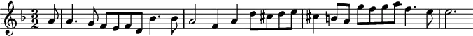 \version "2.18.2"
\header {
tagline = ##f
}
\score {
\new Staff \with {
}
<<
\relative c'' {
\key f \major
\time 3/2
\override TupletBracket #'bracket-visibility = ##f
%%%%%%%%%% Suite 4, courante
\partial 8
a8 | a4. g8 f e f d bes'4. bes8 | a2 f4 a d8 cis d e cis4 b8 a g'f g a f4. e8 e2.
}
>>
\layout {
\context { \Score \remove "Metronome_mark_engraver" }
}
\midi { \tempo 4 = 135 }
}
