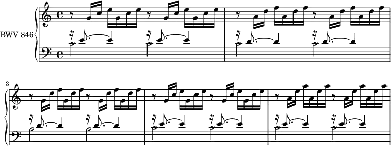 \version "2.18.2"
\header {
tagline = ##f
}
upper = \relative c'' {
\clef treble
\key c \major
\time 4/4
\tempo 4 = 72 % tempo de Keller
\set Staff.midiInstrument = #"harpsichord"
%% PRÉLUDE CBT I-1, BWV 846, ut majeur
\repeat unfold 2 { b8\rest \repeat unfold 2 { g16 c e } }
\repeat unfold 2 { b8\rest \repeat unfold 2 { a16 d f } }
\repeat unfold 2 { b,8\rest \repeat unfold 2 { g16 d' f } }
\repeat unfold 2 { b,8\rest \repeat unfold 2 { g16 c e } }
\repeat unfold 2 { b8\rest \repeat unfold 2 { a16 e' a } }
}
lower = \relative c' {
\clef bass
\key c \major
\time 4/4
\set Staff.midiInstrument = #"harpsichord"
<< { \repeat unfold 2 { b'16\rest e,8.~ e4 } \repeat unfold 4 { b'16\rest d,8.~ d4 } \repeat unfold 4 { b'16\rest e,8.~ e4 } } \\ { \repeat unfold 4 { c2 } \repeat unfold 2 { b2 } \repeat unfold 4 { c2 } } >>
}
\score {
\new PianoStaff <<
\set PianoStaff.instrumentName = #"BWV 846"
\new Staff = "upper" \upper
\new Staff = "lower" \lower
>>
\layout {
\context {
\Score
\remove "Metronome_mark_engraver"
\override SpacingSpanner.common-shortest-duration = #(ly:make-moment 1/3)
}
}
\midi { }
}