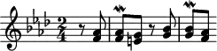 \version "2.18.2"
\header {
tagline = ##f
}
\score {
\new Staff \with {
}
<<
\relative c'' {
\key f \minor
\time 2/4
%% INCIPIT CBT II-12, BWV 881, fa mineur — modants
\partial 4
r8 < aes f >8 | < aes\mordent f > < g e > r8 < bes g > | < bes\mordent g > < aes f >
}
>>
\layout {
\context { \Score \remove "Metronome_mark_engraver" }
}
\midi {}
}