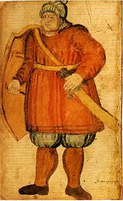 Grettir prêt au combat dans une illustration d'un manuscrit islandais du XVIIe siècle.