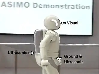 Les senseurs (flèches blanches) identifiant les composants d'ASIMO, incluant des senseurs visuels, de sol, et les sonars à ultrason.