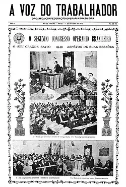 Une du journal "A Voz do Trabalhador", titré "O segundo congresso operario brazileiro", avec plusieurs photos en noir et blanc du congrès montrant l'assistance et la tribune.