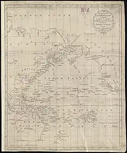 Carte des découvertes du capitaine Cook et d'autres navigateurs dans le Pacifique, faisant apparaître l' île de Pâques ou île de Davis (Thomas Kitchin, 1780).