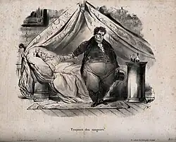 Dessin (caricature) d'un médecin obèse prescrivant une hirudothérapie à une jeunefemme alitée