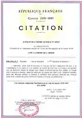 Citation à l'ordre de l'armée du 31 juillet 1942 puis l'attribution de la croix de guerre 1939-1945 avec palme à Théophile Marie Brébant.