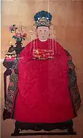 Portrait de l'épouse d'un mandarin en costume d'apparat. Dynastie Ming. Couleurs sur soie.