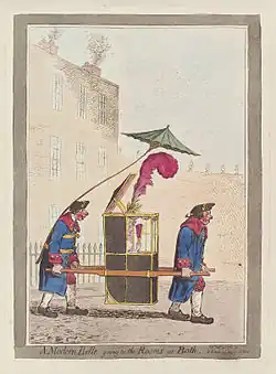 caricature. Dame transportée en chaise à porteurs, la coiffure emplumée démesurée sortant du toit