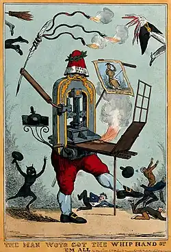 A printing press with a pair of legs brandishes a quill wrap