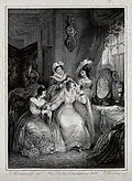 Femme assise à sa table de toilette entourée de deux femmes