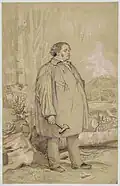 Homme en tenue de travail, hachette à la main, un arbre qu'il vient de couper est couché derrière lui.