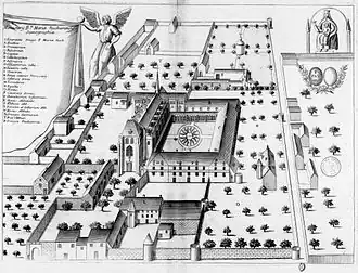 Abbaye Notre-Dame de Noyers,gravure du Monasticon Gallicanum (XVIIe&nbsp;siècle).