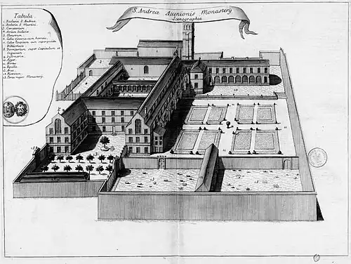 Projet de reconstruction au XVIIe siècle, planche gravée du Monasticon Gallicanum.