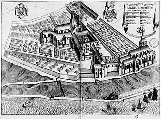 L'église, en bas à droite, sur un plan de l'abbaye Saint-Michel.