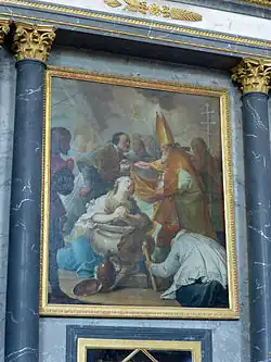Tableau de St Hydulphe baptisant Ste Odile dans la nef.