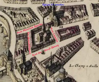 Vue d'artiste de l'abbaye de Saint-Symphorien à Metz, extrait d'une carte de Merian, Matthäus (1593-1650), publiée en 1638 (source Gallica : http://catalogue.bnf.fr/ark:/12148/cb40627674t