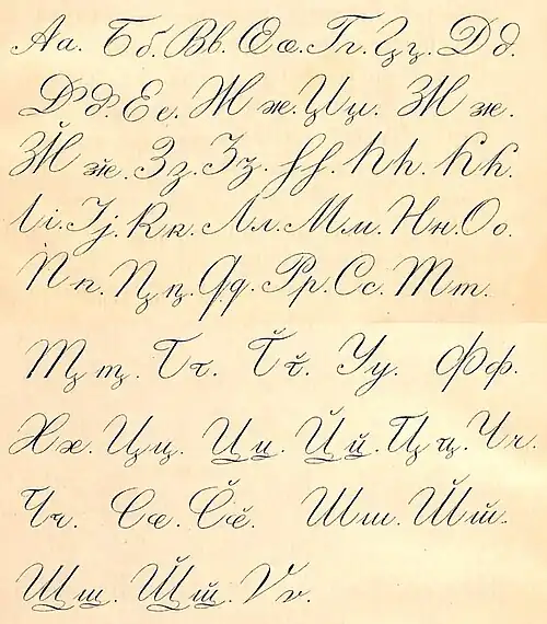 Alphabet cyrillique abkhaze en écriture cursive dans Gulia et Machavariani 1892.