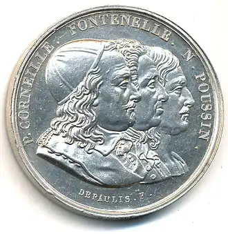 Académie de Rouen 1744, Corneille, Fontenelle, Poussin, argent, 33 mm.