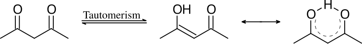 Tautomères cétone &nbsp;
  
    
      
        ⇌
      
    
    {\displaystyle \rightleftharpoons }
  
&nbsp; énol de l'acétylacétone, et mésomérie de ce dernier.