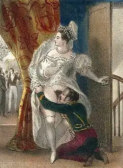Homme prodiguant un cunnilingus, derrière un rideau, à une femme debout, relevant sa robe, et guettant les personnes à proximité