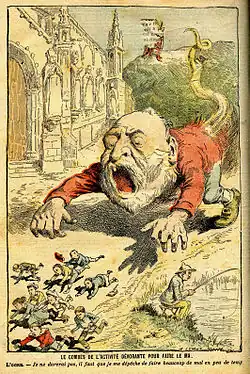 Caricature de presse montrant Émile Combes comme un ogre géant doté d'une queue pourchassant des enfants courant devant une église.