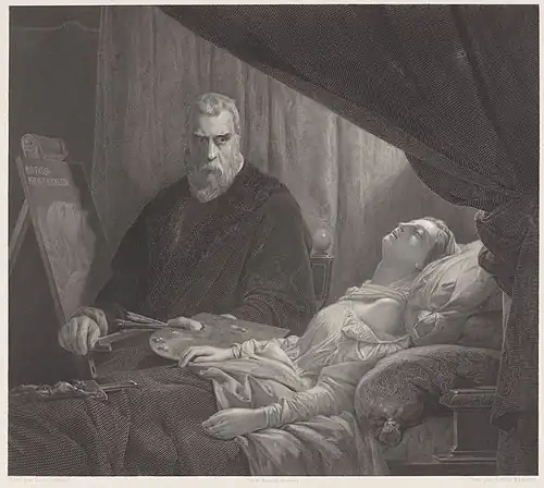 Gravure d'après Léon Cogniet, Le Tintoret sur le lit de mort de sa fille.