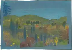 Across the Valley, pastel sur papier japonais bleu clair (18.9 x 27 cm).