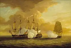 Exemple illustratif d'une bataille entre des bateaux corsaires (ici un navire corsaire français le Du Teillay et l'Elisabeth qui s'opposent au HMS Lion au 18e siècle)