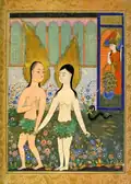 « Adam et Eve expulsés du Paradis », manuscrit Fal-nameh, XVIe&nbsp;siècle, Musée du palais de Topkapi, Turquie.