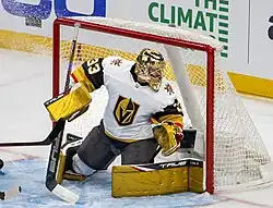 Photographie couleur d'un gardien de but de hockey sur glace