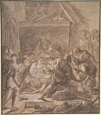 Adoration of the Shepards, dessin à l'encre brune, craie et lavis (n. d., Metropolitan Museum of Art).