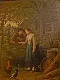 Jeune paysanne avec un homme et de la volaille.
