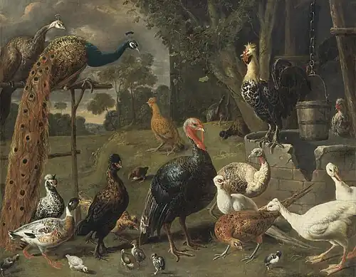 Paon et poule d'eau sur un perchoir, dindes, faisan et volailles près d'un puits, Collection privée.