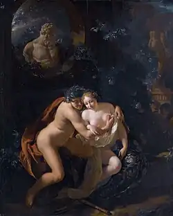 Dans un environnement sombre et bleuté, un couple assis s'enlace, quasiment nu, au pied duquel git une flute.