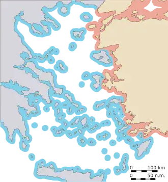 Carte de la mer Égée avec en bleu les territoires appartenant à la Grèce et en rouge, ceux appartenant à la Turquie.