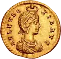 Pièce de monnaie de l'impératrice byzantine Eudoxie couronnée par la main de Dieu, IVe&nbsp;siècle.