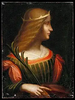 Personnage peint en couleurs selon une pose identique au modèle du carton.