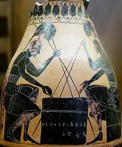 Achille et Ajax absorbés par un jeu de dés et de pions, œnochoé à figures noires (530 a.C.).