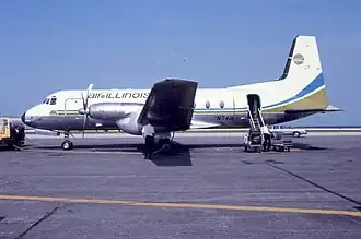 N748LL, le Hawker Siddeley HS.748 impliqué dans l'accident, dans une livrée précédente, photographié en septembre 1975.