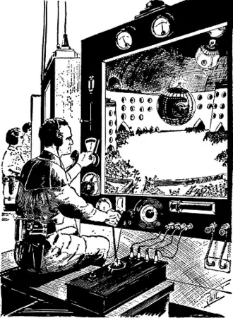 Buck Rogers actionnant les commandes d'une « boule d'air » pilotée à distance (Amazing Stories, mars 1929).