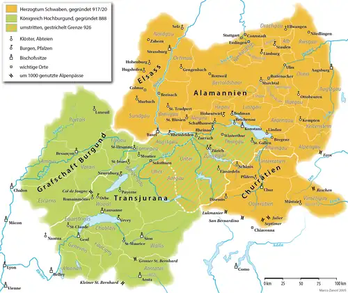 Les Alamans au Xe&nbsp;siècle, répartis entre le duché de Souabe et le royaume de Bourgogne.
