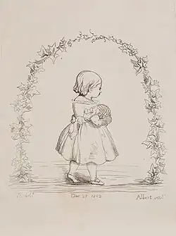 Gravure d'une petite fille en-dessous d'une arche d'houx et de lierre.