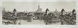 Gravure en noir et blanc de la ville.