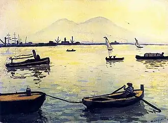 Peinture dans les jaunes représentant quelques petits voiliers et barques plates sur la mer avec au fond la silhouette de deux mamelons montagneux