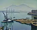 Peinture dans les bleus représentant une étendue d'eau lisse avec une digue sur le côté, des barques plates et deux sommets montagneux au fond