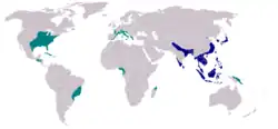 En bleu foncé : aire d’origine / En vert : zones où l’espèce a été introduite au cours des 30 dernières années.)