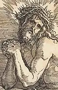 Dessin en noir et blanc représentant un Christ couronné, les mains en prière, le regard tourné vers le spectateur.